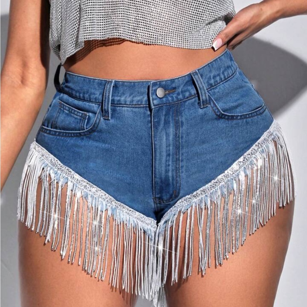 Denim Shorts with White Fringe